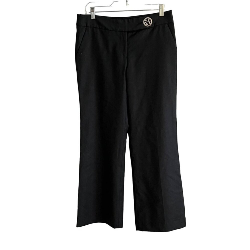 Tory Burch Wide Leg Career Pant Black Large Silver Logo Button Wool Blend Size 8